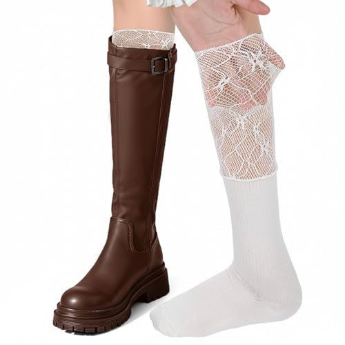 HekouJiub Lace Knee High Socks Splicing Lace White Knee High Socks White Women's Laces Calf Sock Ins...