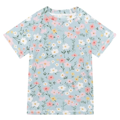 ALAZA Kids Rash Guard Girls Toddler Swim Shirts Short Sleeve Flowers Cute Blue UPF 50+ 3T
