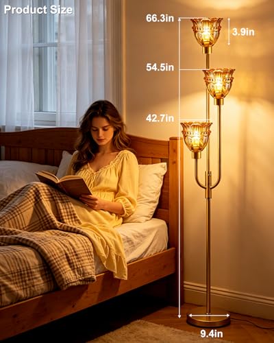 Image of Lightdot 66IN 3-Lights Modern Glass Floor Lamp Gold Dimmable Floor Lamps with 3000K Warm White Bulbs for Wedding Party Tall Standing Lamp with Amber Glass Shade for Living Room /Bedroom /Home Decor
