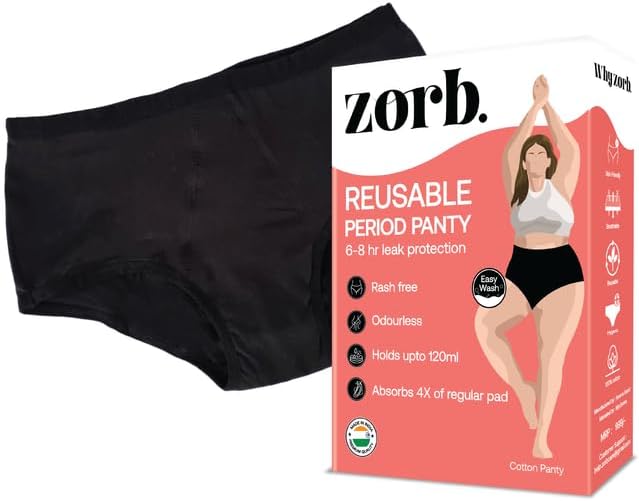 Zorb. Cotton Reusable Period Panty for Women | Comfortable Period Panties for Women Leak Proof | Absorbs Heavy Flow 4X of Sanitary Pad Black, XL (PO3)