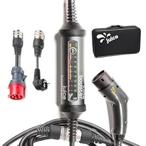 juice booster 2 basic set, mobile wallbox 22kw sans installation, borne de recharge vehicule electrique avec cable de recharge type 2, chargeur ev avec adaptateur cee32 rouge 3 phases + eu schuko
