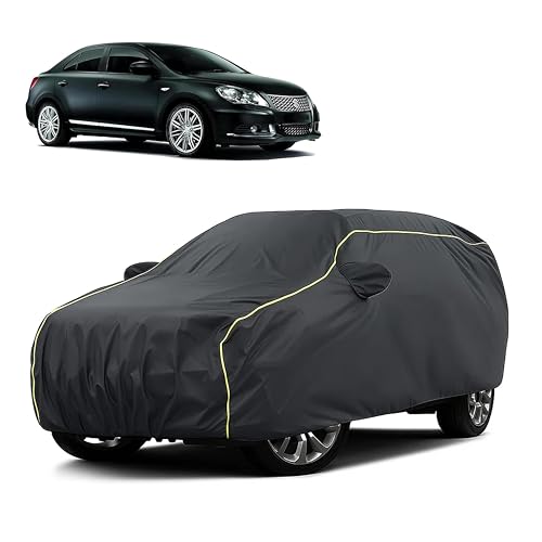 Image of Sulfar 100% Water Resistant Car Body Cover Compatible with Mirror for Maruti Suzuki Kizashi (Triple Stitched, Full Bottom Elastic, Dark Grey Taffeta with Yellow Piping)