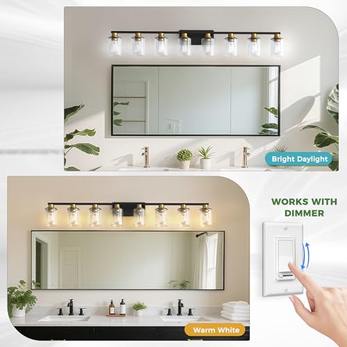 Image of DORESshop Bathroom Vanity Light Fixture 55 Inch 8-Light Black and Gold