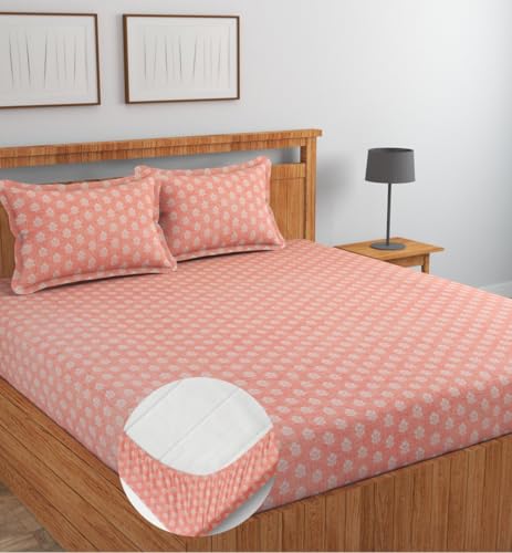 Image of NEW LEAF Glace Cotton Fitted King Size Double Bedsheets with 2 Pillow Covers | Elastic Fitted | Wrinklefree | Ultrasoft |Winter Bedsheet 220 tc tc Floral | 78 x 72+10 Inches, Pink