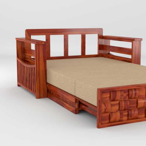 Image of Solid Sheesham Wood Sofa Cums Bed with Mattress & Storage | Rosewood Convertible Sofa Bed for Living Room & Bedroom (G-Honey, 2 Seater)