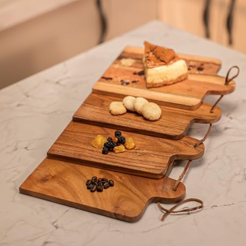 Image of Earthstone Serving Board Set of 4 | Handcrafted Acacia Wood & Serving Board for Snacks, Appetizers, Cheese & Desserts | Food-Safe Wooden Platter