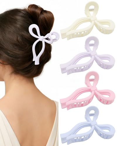 CHLINS 4 Pack Bow Hair Claw Clips for Women 4.3 Large Non-slip Cute Hair Styling Accessories for Thick Thin Long Hair Strong Hold Jaw Clip (Matte Beige/Lavender/Pink/Blue)