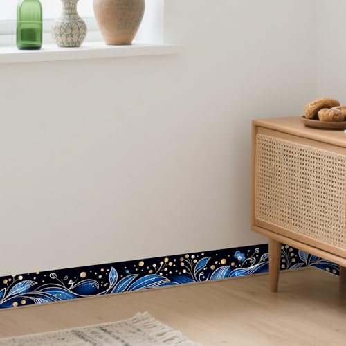 Image of Nuxovilar Dark Blue Gold Botanical Peel Stick Wall Border PVC 3.94x16.4'