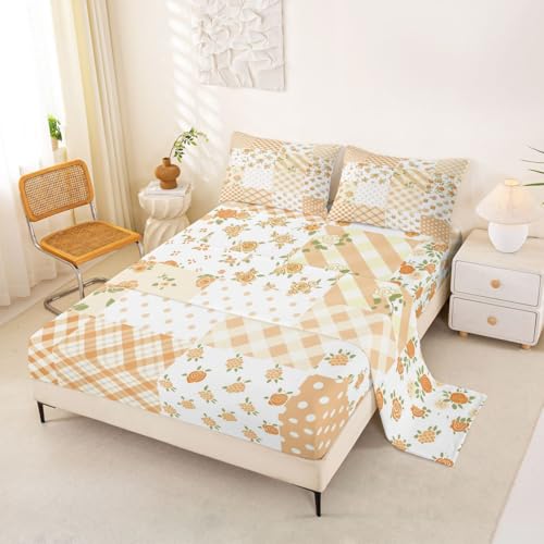 Homemissing Juego de sábanas de flores amarillas, tamaño individual, con bolsillo profundo, sábana bajera ajustable a cuadros, juego de ropa de cama suave, 3 piezas con 1 funda de almohada