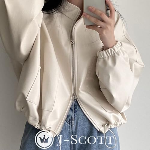 [J-Scott] [ジェイスコット] ルーズフィットブルゾン フェイクレザージャケット ボリューム袖 ジップアップ 裏地有 ホワイト JS97-WH-M