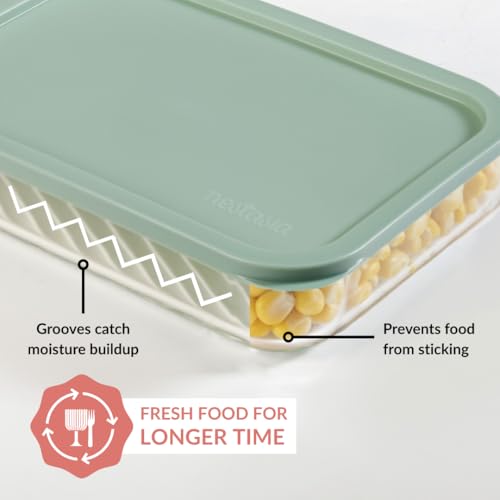 Image of Nestasia Groovo Glass Containers with Lid Set of 7 (310ml x 4, 520ml x 2, 1200ml x 1) - Transparent Stackable Fridge Storage Box, Microwave & Dishwasher Safe (Green)