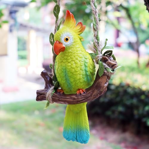 XKFLAUHM Hanging Resin Parrot Decor Tiki Bar Decorations Outdoor Tropical Yard Pool Decorations Indoor Hanging Bird Statue for Tree Plant Patio Garden Lawn Porch Balconies Decor(Green)