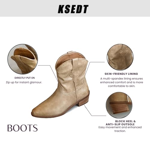 Women's Leather Western Cowboy Cowgirl Casual Ankle Boots Classic Pointed Toe Low Block Heel Dress Pull-on Mid-Calf Boots2