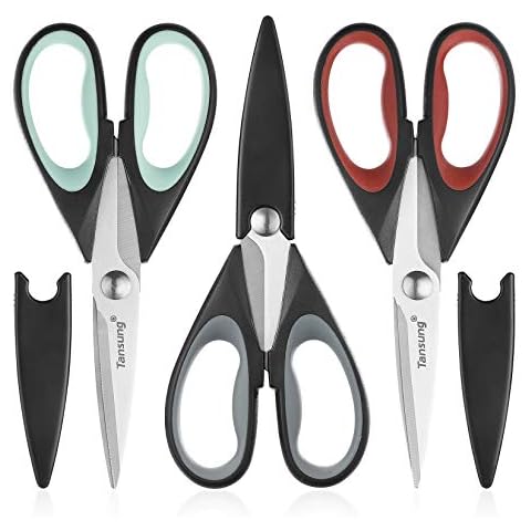 TANSUNG Kitchen Scissors, 3 Pack Kitchen Shears Heavy Duty Scissors, Multi-Function Cooking Scissors with Protective Cover for Poultry Seafood Chicken Fish Meat Vegetables Herbs(Grey, Red, and Blue) Cover