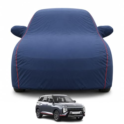 Image of Car Cover Compatible with Venue N-Line Waterproof for All Weather Protection Mirror & Inner Cotton Triple Stitched Cover, Adjustable Belt Bottom Elastic to Secure Fit (Navy Blue)