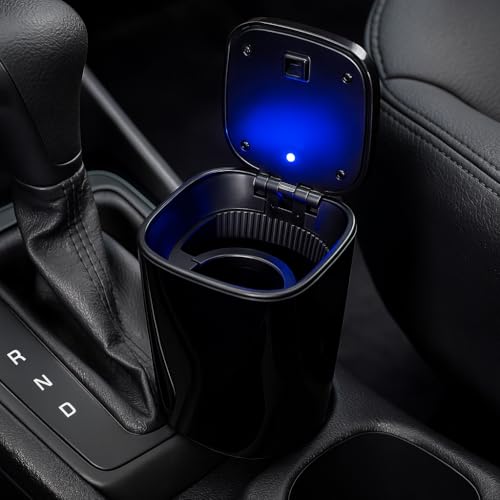 Image of Stash-Pro Car Ashtray with Lid for Car Cup Holder | LED Light | Smokeless Portable Ash Tray Bin with Push Cover | Black | 9cm