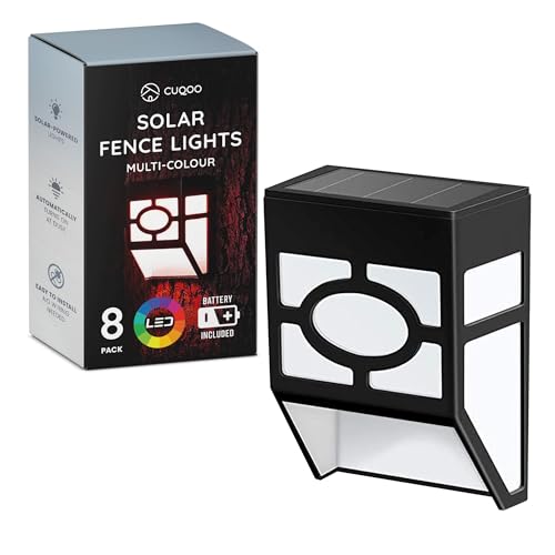CUQOO Luci da parete solari multicolori per esterni, confezione da 8 luci solari per recinzione, illuminazione esterna – LED impermeabile solare da giardino per recinzione, terrazza, porta anteriore,