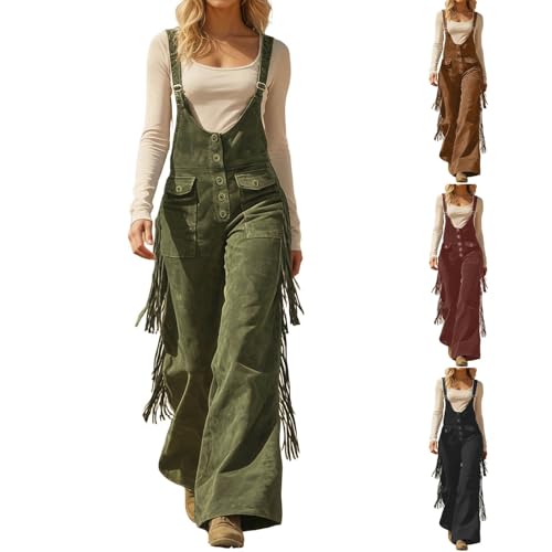 Image of Womens Suede Fringe Sexy Cowgirl Jumpsuits Country Concert Western Cargo Overalls High Waisted Romper Vintage Outfit