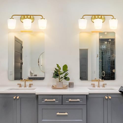 Image of Brushed Gold Bathroom Vanity Light, Farmhouse Brass Sconces Wall Lighting with Milk White Glass, 3-Light Bathroom Light Fixture Over Mirror, AD-22004-3W-GD