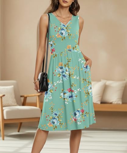 Image of NILOUFO Sleeveless Dress for Women Summer Knee Length Sundress with Pockets | Sundresses for Women Tank Empire Waist Sun Dress Cold Shoulder Casual V Neck Midi Dress Flowy Summer Dresses for Women