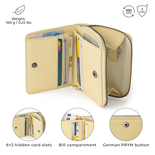 Image of BERLINER BAGS Genuine Leather Small Wallet Women Sara, Gift Box - Yellow | Soft Leather Bifold Zip Wallet, Fits Purses & Crossbody Bags, 8 Card Slots, Zipped Coin Pocket, RFID Blocking