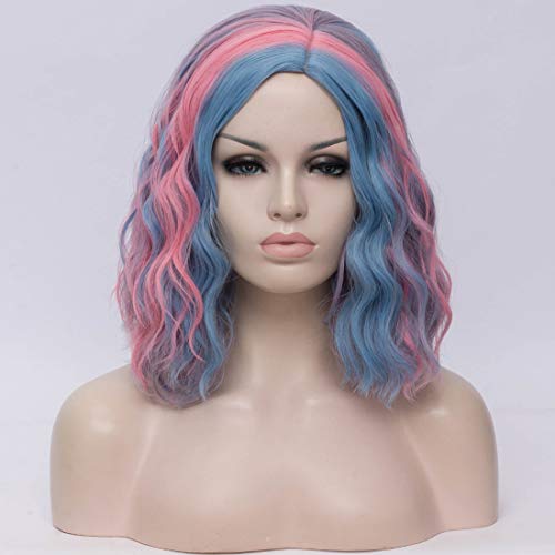 BUFASHION 14" Women Short Light Pink Kinky Straight Cosplay Synthetic Wigs With Air Bangs 46 Colors Available (Colorful 8)
