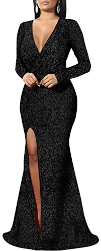 Women's Sexy Long Sleeve Sparkly Maxi Dress V Neck High Slit Wrap Formal Gown Cocktail Glitter Maxi Long Dresses2
