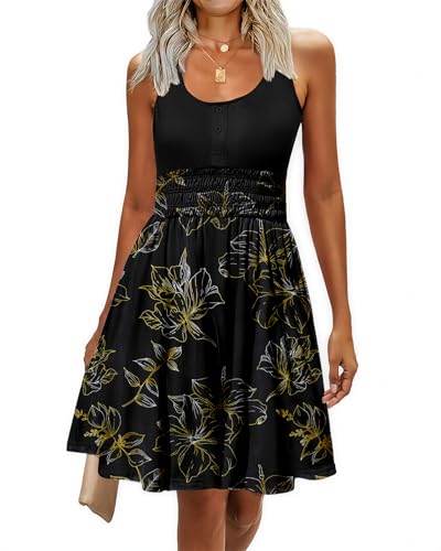 Image of Summer Dresses for Women Casual Sleeveless Sundresses Elastic Waist Mini Sun Dress