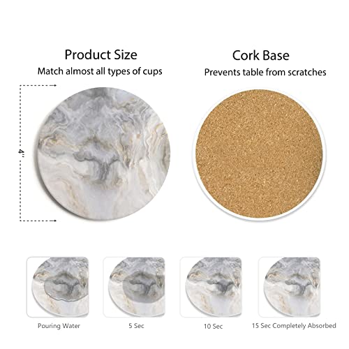 Image of Set of 6 Abstract Gray White Marble Coasters with Holder, Absorbent Ceramic Coasters for Drinks, Coasters with Cork Backing for Table Protection, Housewarming Gifts for New Home