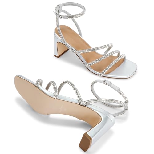 Image of CosyFever Women's Rhinestone Block Heels for Dressy Occasions, Strappy Ankle Strap Dress Heels, Square Toe Evening Heels for Wedding Guest, Prom, Party
