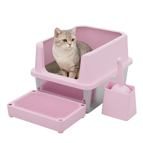 RIZZARI Cat Litter Box Large: Pink Stainless Steel Leakproof Open Top Tray for Odor Control Bathroom Balcony Use - Multi-Cat Household Solution
