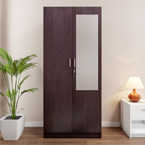 Image of VIKI Wardrobe | Batanes Wardrobe | Wooden Almirah for 2 Door Wardrobe with 2 Shelves & Hanging Space with Mirror (Dark Wenge - 40D x 80W x 180.8H) | 1 Year Warranty | Free Assembly