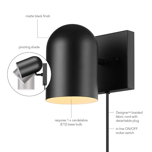 Image of Globe Electric 1-Light Matte Black Plug-in or Hardwire Wall Sconce | Matte Black, 6 ft Braided Cord, Rocker Switch, Modern Wall Lamp for Living Room, Bedroom