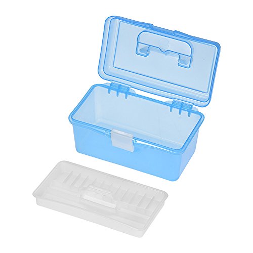Image of Storage Container Organizer 2 Layer Stackable Portable Plastic Bin with Handle for Stationery Sewing Jewelry Beauty Supplies (Blue)
