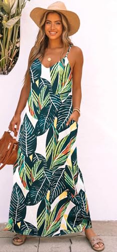 Image of Bluetime Women Summer Spaghetti Strap Maxi Dress V-Neck Sleeveless Flowy Boho Floral Beach Long Dress with Pockets