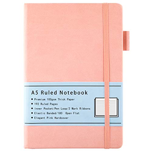 Beinushor Cuaderno A5, diario rayado con papel grueso de 100 GSM, bolsillo interior, bolígrafo, bandas elásticas, funda de piel sintética, 192 páginas, 14,5 x 21,3 cm(Rosa)