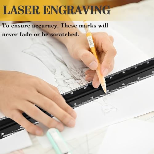 KEPYATI Maßstab Lineal, Aluminium, Dreieckig, Tragbare Ausgabe, 15Cm Lang, Metrische Skalen 1:20, 1:25, 1:50, 1:75, 1:100, 1:125, Für Architekten, Studenten, Zeichner Und Ingenieure, Schwarz