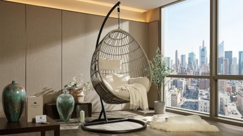 Image of UNIVERSAL FURNITURE Hanging Egg Swing Chair with Stand, Woven Wicker Rattan Style Swing with Cushion, Freestanding Indoor Outdoor Hanging Chair for Patio, Balcony, Garden & Porch (Beige Rope)
