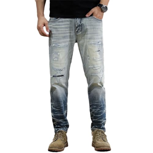 Men's Retro Washed Distressed Light-Colored Jeans Embroidered Ripped Elastic Slim Straight Tapered Skinny Pants