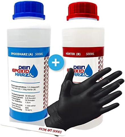 Epoxidharz mit Härter - RESIN ART | 1:1 Formel | 1000ml | Kristallklar, UV-Schutz, Mittelviskos | im Set mit Handschuhe + Rührstab