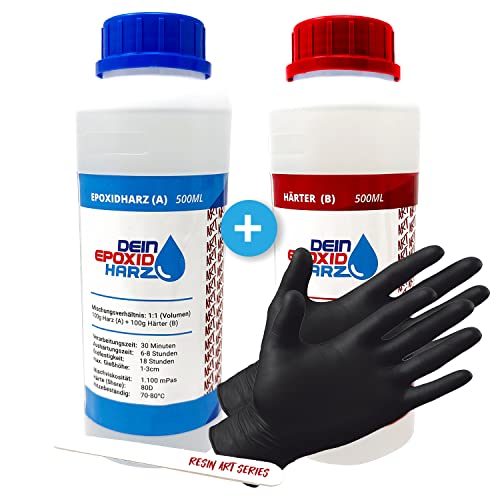 Epoxidharz mit Härter - RESIN ART | 1:1 Formel | 1000ml | Kristallklar, UV-Schutz, Mittelviskos | im Set mit Handschuhe + Rührstab Cover