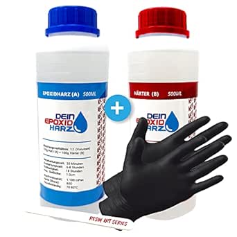 Epoxidharz mit Härter - RESIN ART | 1:1 Formel | 1000ml | Kristallklar, UV-Schutz, Mittelviskos | im Set mit Handschuhe + Rührstab