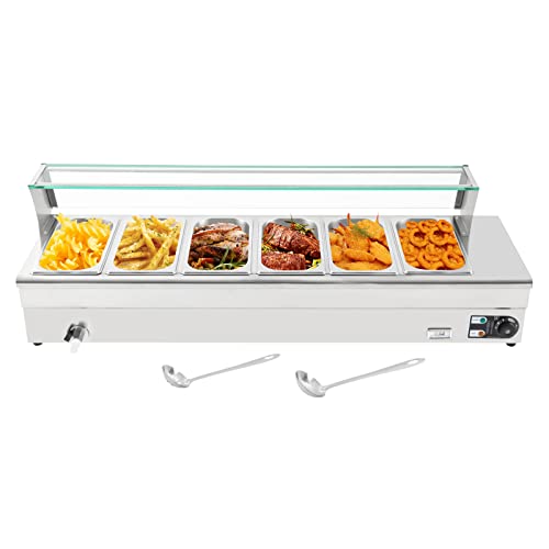 110V Bain Marie Food Warmer, 6 Pan x 1/2 ?3? GN,Food Grade Stainelss Steel Commercial Food Steam Table 6-Inch Deep, 1200W Electric Countertop Food Warmer, 38/19 Quart with Tempered Glass Shield