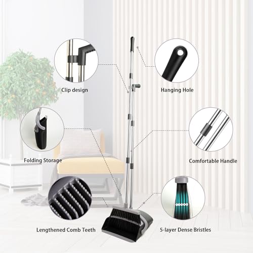 Image of Broom and Dustpan Set, Long Handle Lightweight Dustpans with Broom Combo for Home, Indoor&Outdoor Sweeping for Home Room Kitchen Office Lobby (Charcoal)