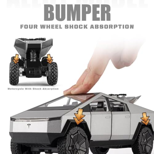 Image of DREAMY DEN Tesla Cybertruck 1:32 Die-Cast Metal Toy Car for Kids, Premium Alloy Pull Back Model with Openable Doors, Light & Music, Miniature Truck Gift for Boys, Colour as Per Stock