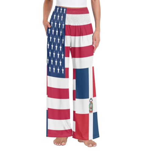 Pantalon large élastique femme motif drapeau USA et République Dominicaine