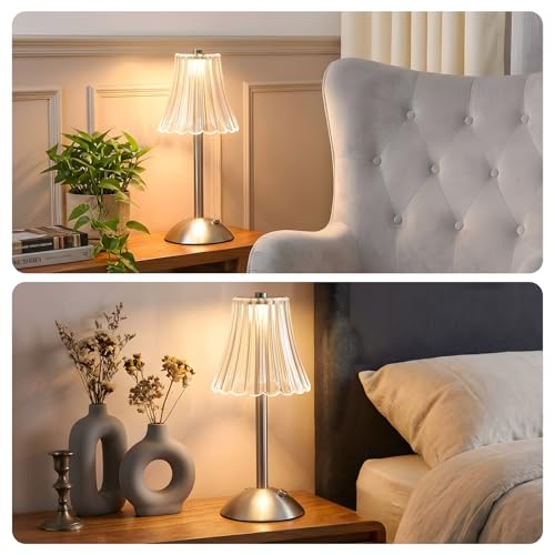 Image of Liliful 1 Pcs Cordless Table Lamp Rechargeable Touch LED Small Gold Portable Battery Operated USB-c Desk Lamp 3 Color Dimmable for Bedroom Living Room Dining (Silver,Rose Style)