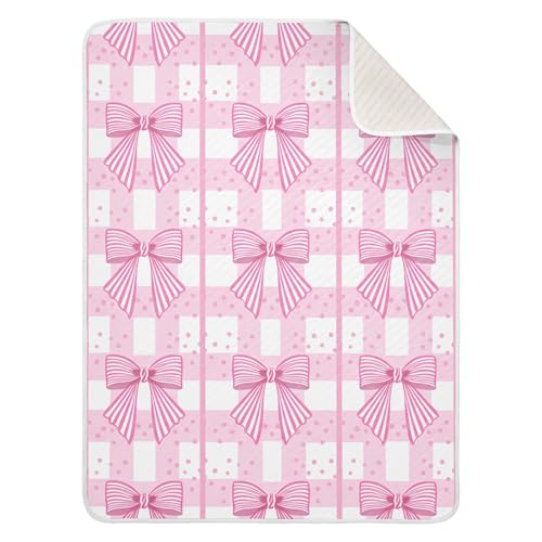 Burbuja Pink Bows on Plaid Baby Blanket for Boys Girls, Nursery Soft Warm Swaddling Receiving Baby Blankets, 30x40 in Toddler Blanket