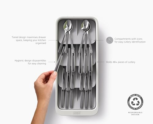 Image of Joseph Joseph DrawerStore Large Tiered Flatware Cutlery Kitchen Drawer Organizer, Holds 48 Pieces, Disassembles for Easy Cleaning, Recycled Plastic