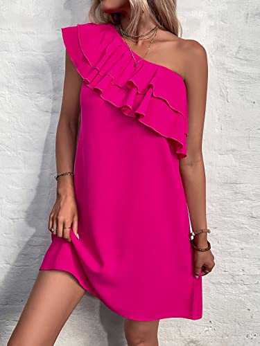 Floerns Women's One Shoulder Tiered Layered Sleeveless Ruffle Trim Tunic Dress A Hot Pink M #TOP6